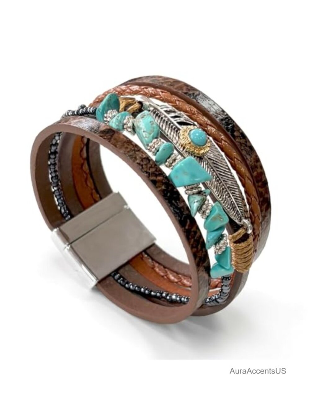 Turquoise Multi-Layer Leather Wrap Bracelet with Feather Charm, Magnetic Clasp,